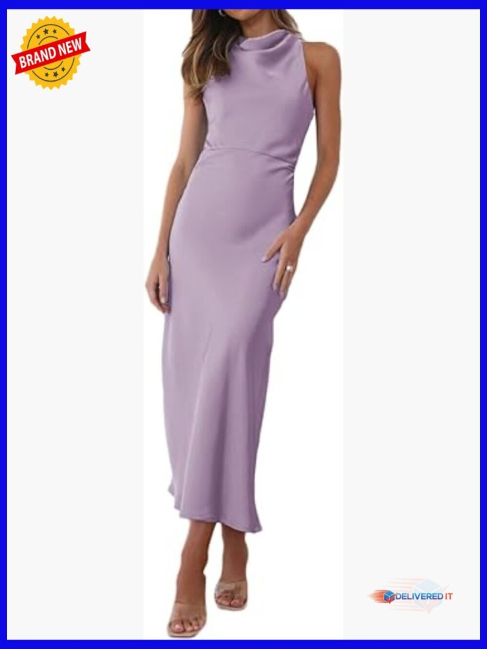 Satin Backless Midi Dress High Neck Halter Cocktail Formal